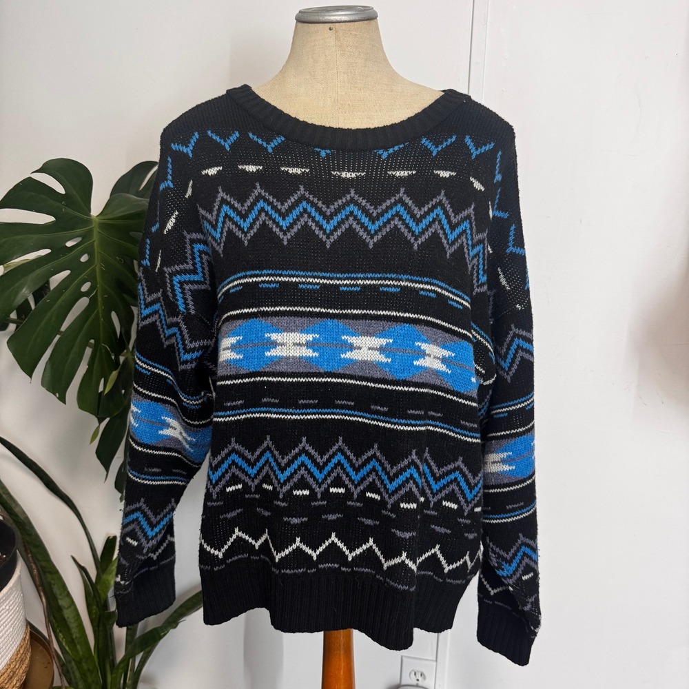 The Aspen Lid Sweater‎ Mens XL Black Blue Geometric Fair Isle Vintage Knit USA